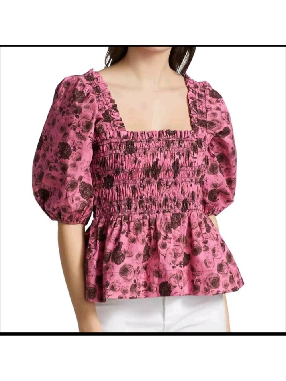 GANNI Floral Printed Pink Cotton Poplin Blouse sz 40 Small Medium